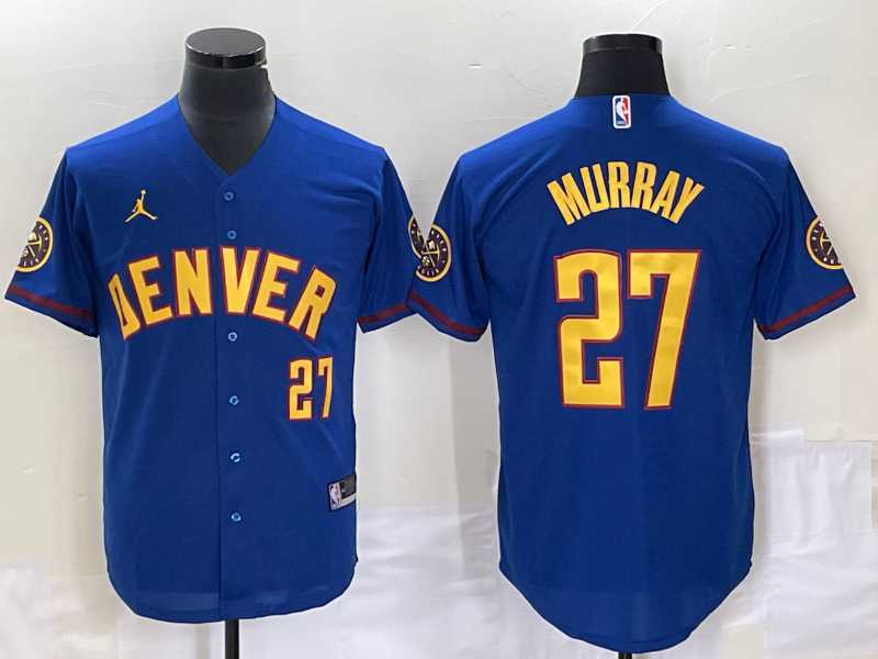 Mens Denver Nuggets #27 Jamal Murray Blue With Patch Cool Base Stitched Baseball Jersey